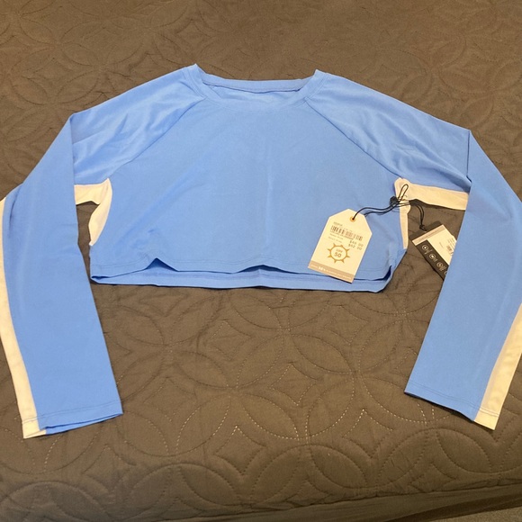 Tail Tops - TAIL Blue and White Long Mesh Sleeve Crop Top